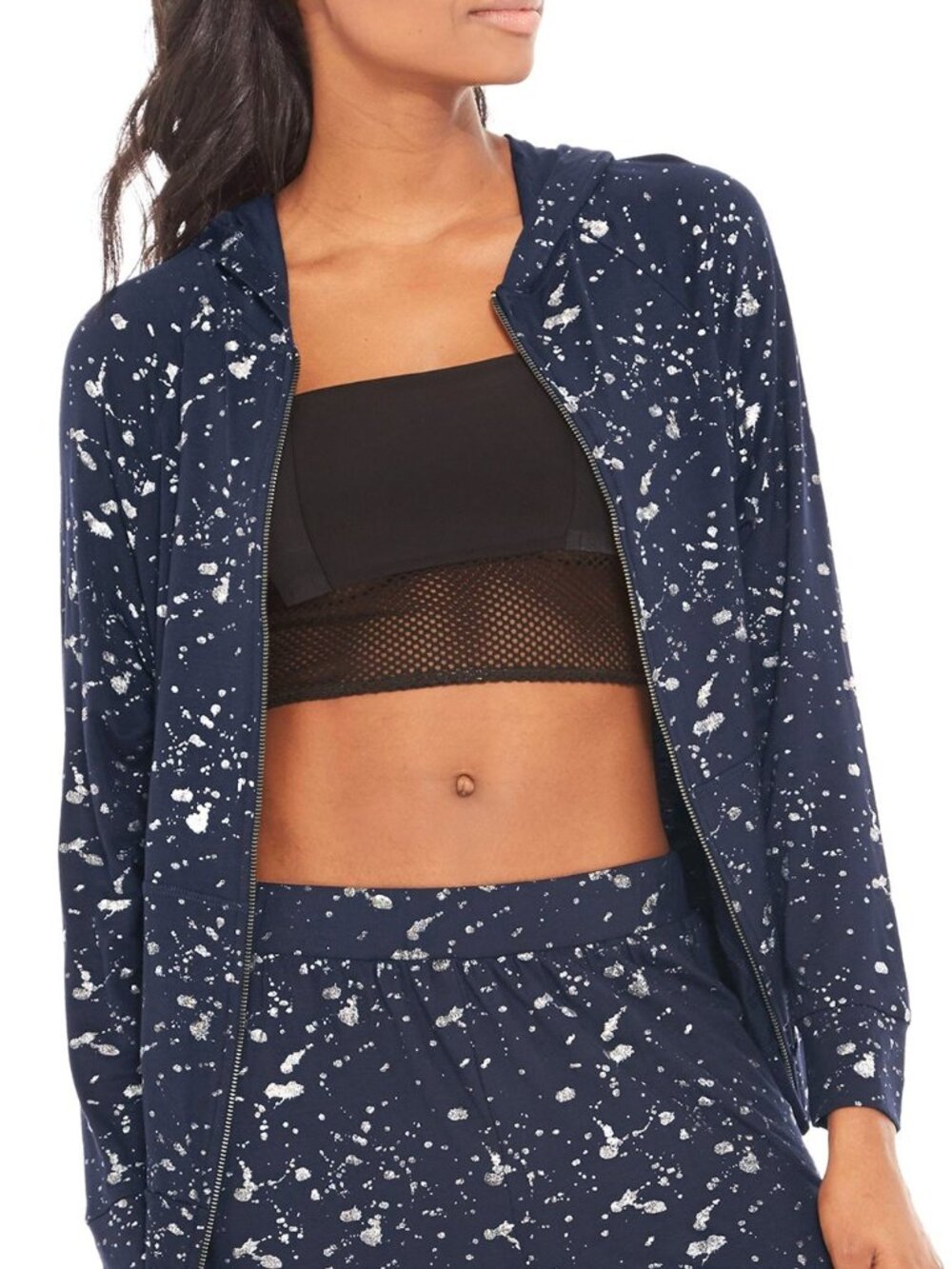 **Terez Navy Blue Zip Up Hoodie Silver Foil Splatter Print Small**